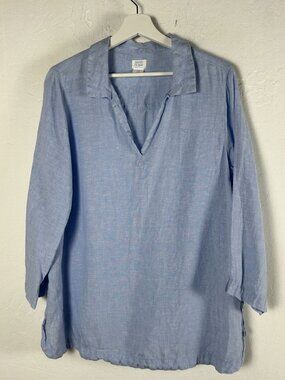 Sigrid Olsen Womens Light Blue 100% Linen Long-Sleeve Popover Tunic Top Large
